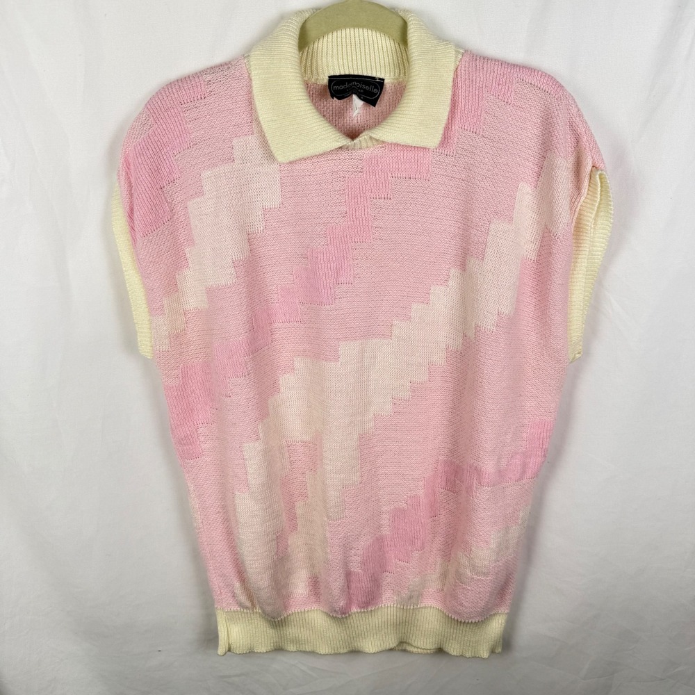 Vintage Mademoiselle Knitwear Pink Cream Sweater Vest XL Retro Preppy Coquette